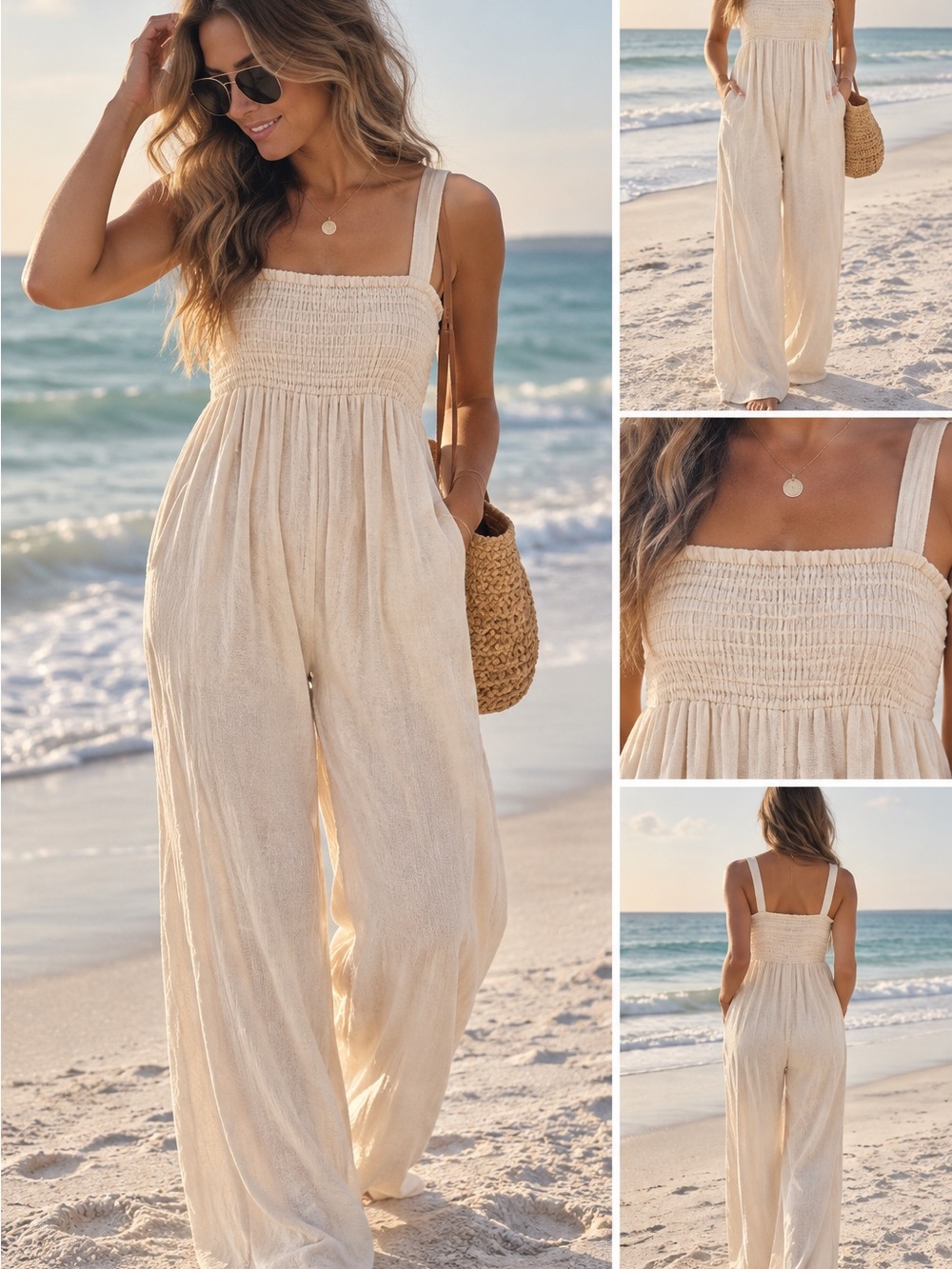Smocked Wide-Leg Jumpsuit in Light Cream